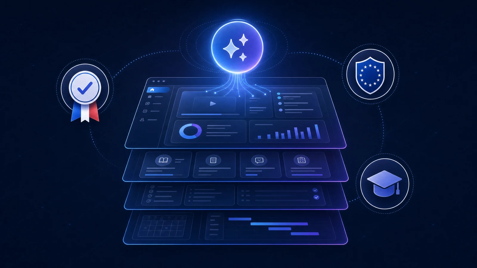 Levier-Learn™ — illustration du dashboard LMS avec mentor IA central et badges Qualiopi, sécurité européenne et certification
